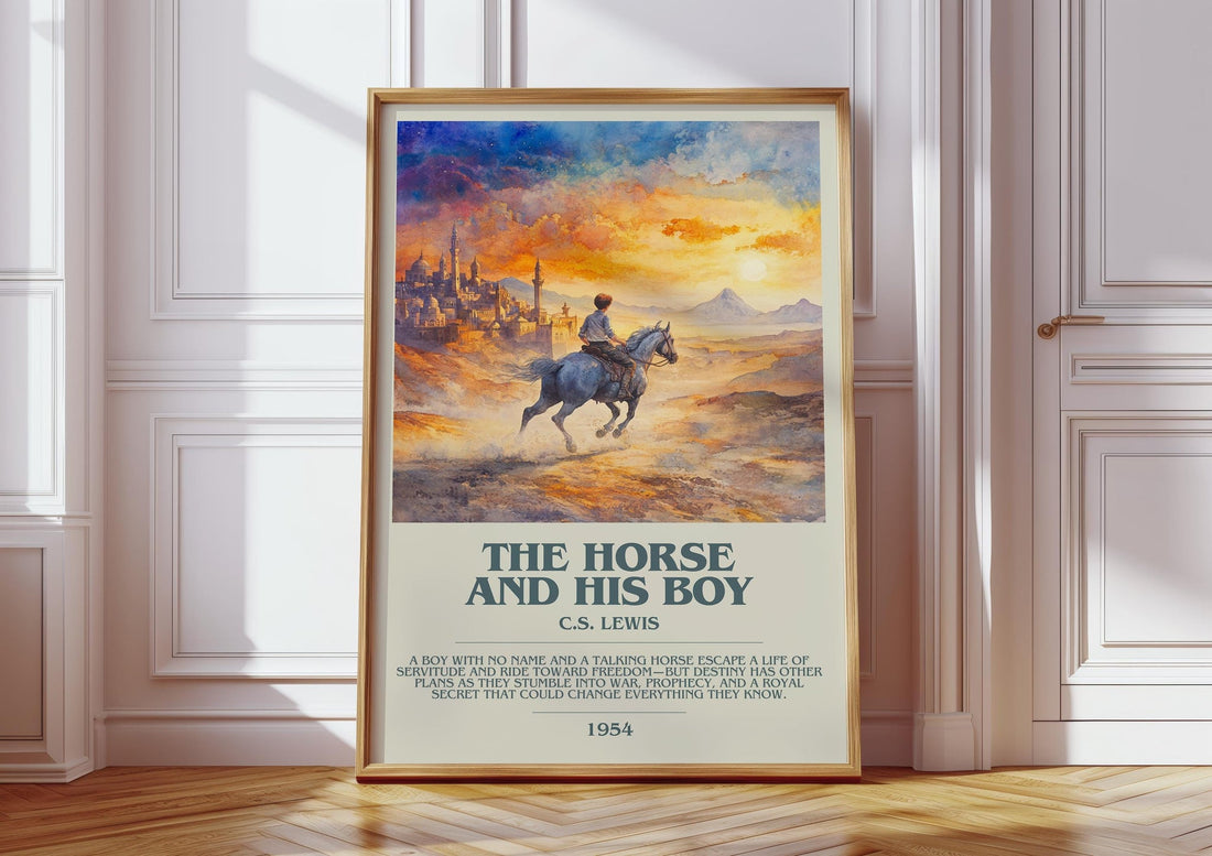 The Horse and his Boy bookish print in frame leaning in hallway – childrens wall art (mockup)