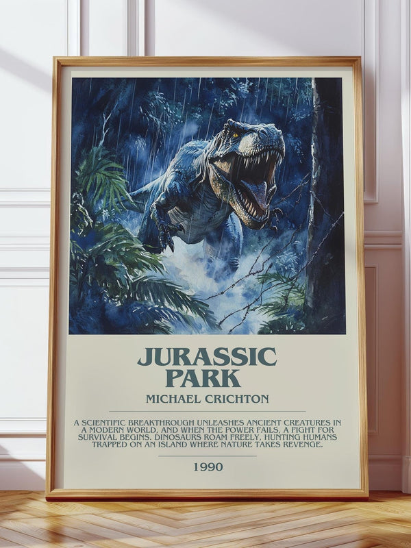Jurassic Park bookish print in frame leaning in hallway – sci fi wall art