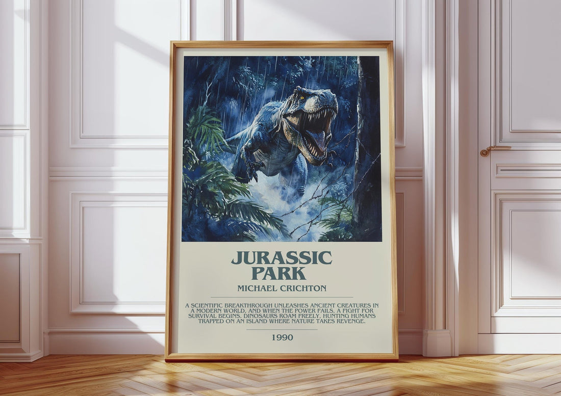 Jurassic Park bookish print in frame leaning in hallway – sci fi wall art (mockup)