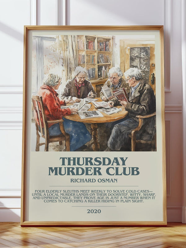 Thursday Murder Club bookish print in frame leaning in hallway – crime wall art