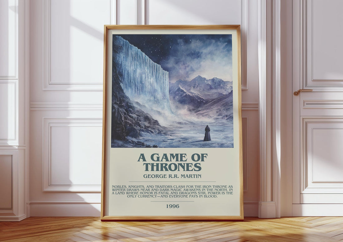 A Game Of Thrones bookish print in frame leaning in hallway – fantasy wall art (mockup)