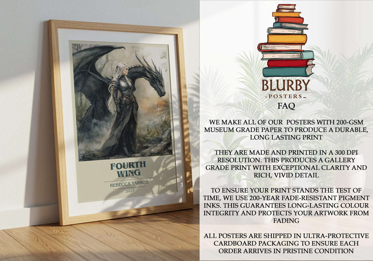 Fourth Wing by Rebecca Yarros Descriptive Poster Print. Free Delivery Wall Art Author & Blurb Book Artwork Novel