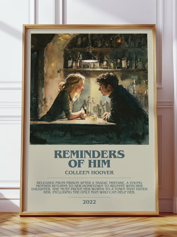 Reminders of Him bookish print in frame leaning in hallway – romance wall art