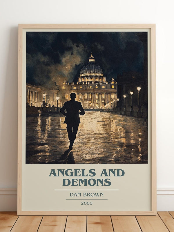 Angels And Demons book cover print in frame leaning in hallway – thriller wall art