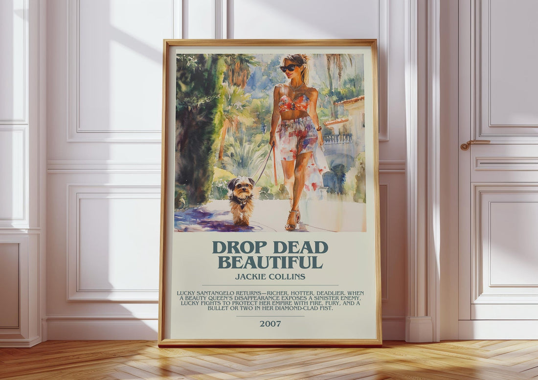 Drop Dead Beautiful bookish print in frame leaning in hallway – romance wall art (mockup)