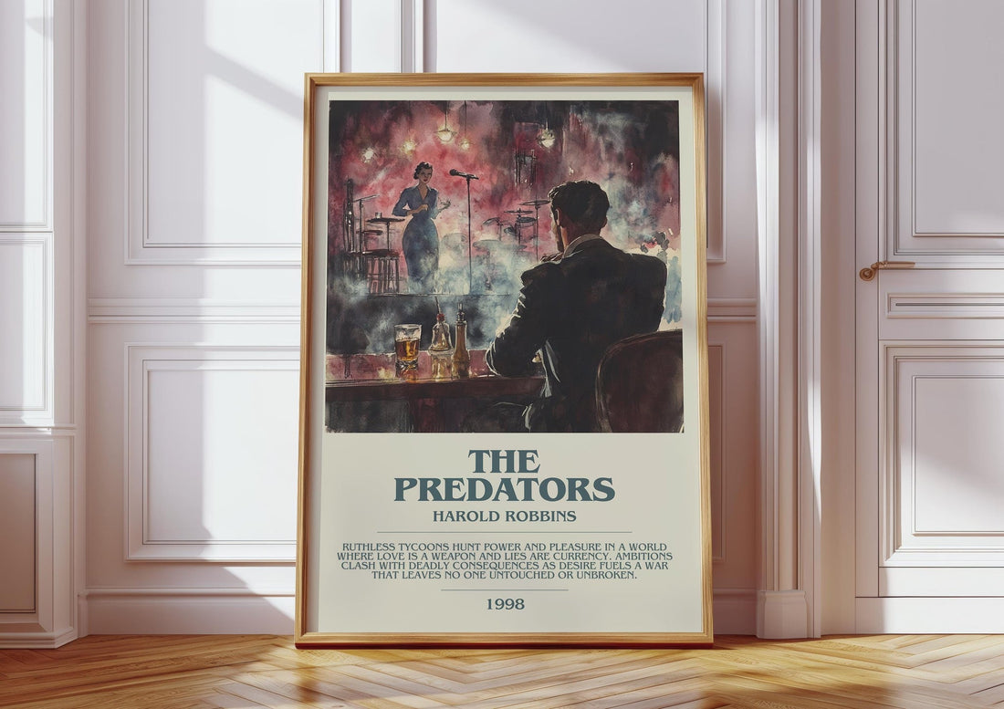 The Predators bookish print in frame leaning in hallway – thriller wall art (mockup)