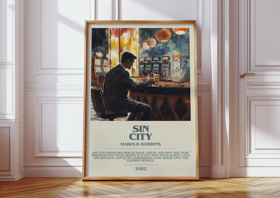 Sin City bookish print in frame leaning in hallway – romance wall art (mockup)