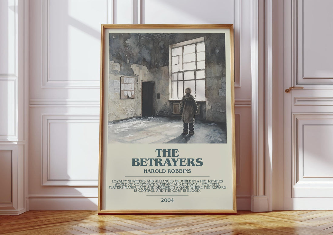 The Betrayers bookish print in frame leaning in hallway – thriller wall art (mockup)