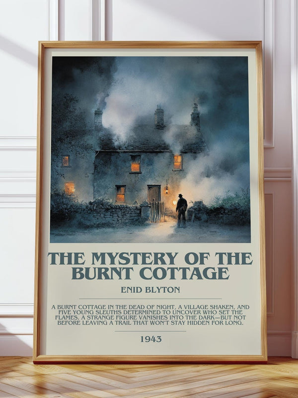The Mystery of the Burnt Cottage bookish print in frame leaning in hallway – mystery wall art