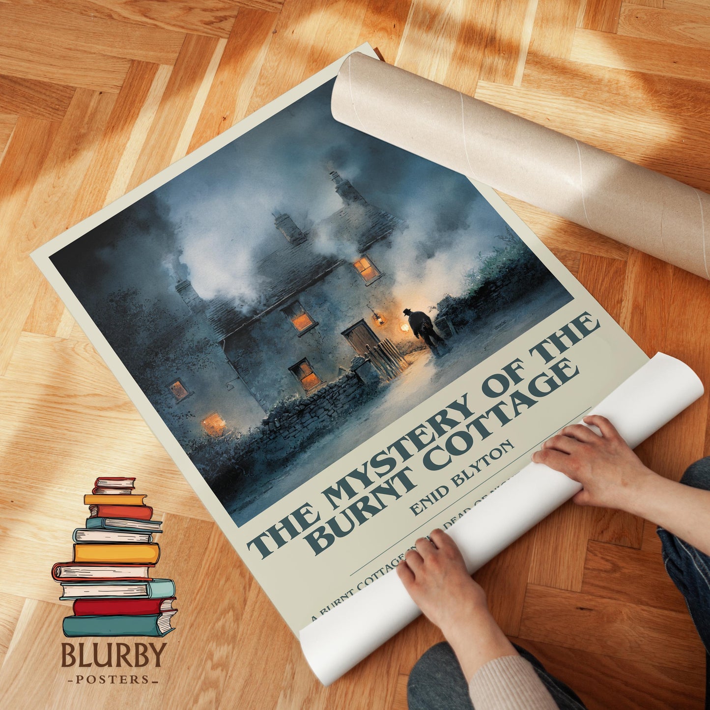 The Mystery of the Burnt Cottage book poster packaging – museum-quality print rolled in protective tube