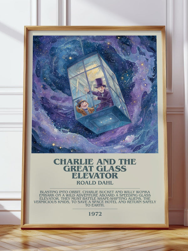 Charlie and the Great Glass Elevator bookish print in frame leaning in hallway – childrens wall art
