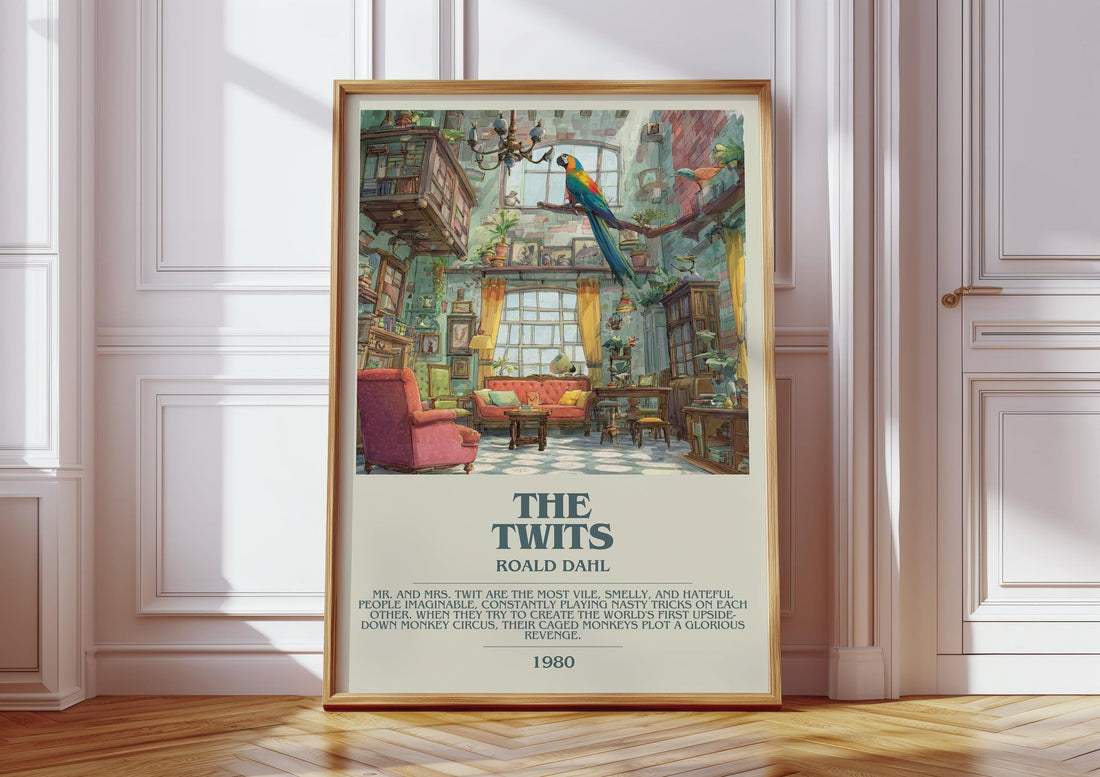 The Twits bookish print in frame leaning in hallway – childrens wall art (mockup)