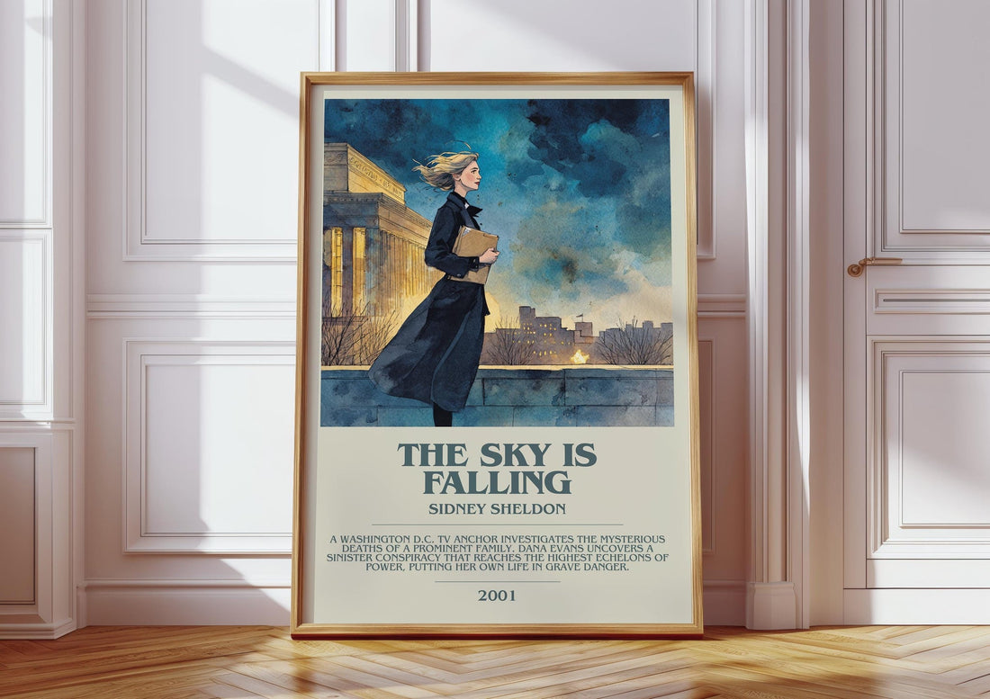 The Sky Is Falling bookish print in frame leaning in hallway – thriller wall art (mockup)