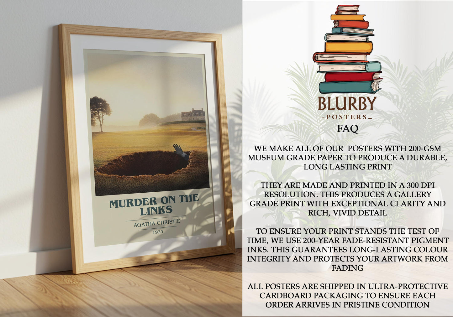 Murder on the Links by Agatha Christie Descriptive Poster Print. Free Delivery Wall Art Author & Blurb Book Artwork Novel