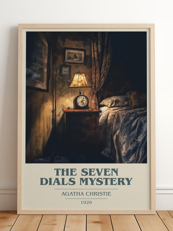 The Seven Dials Mystery book cover print in frame leaning in hallway – mystery wall art