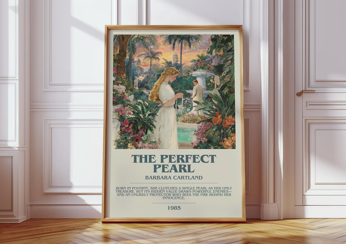 The Perfect Pearl bookish print in frame leaning in hallway – romance wall art (mockup)