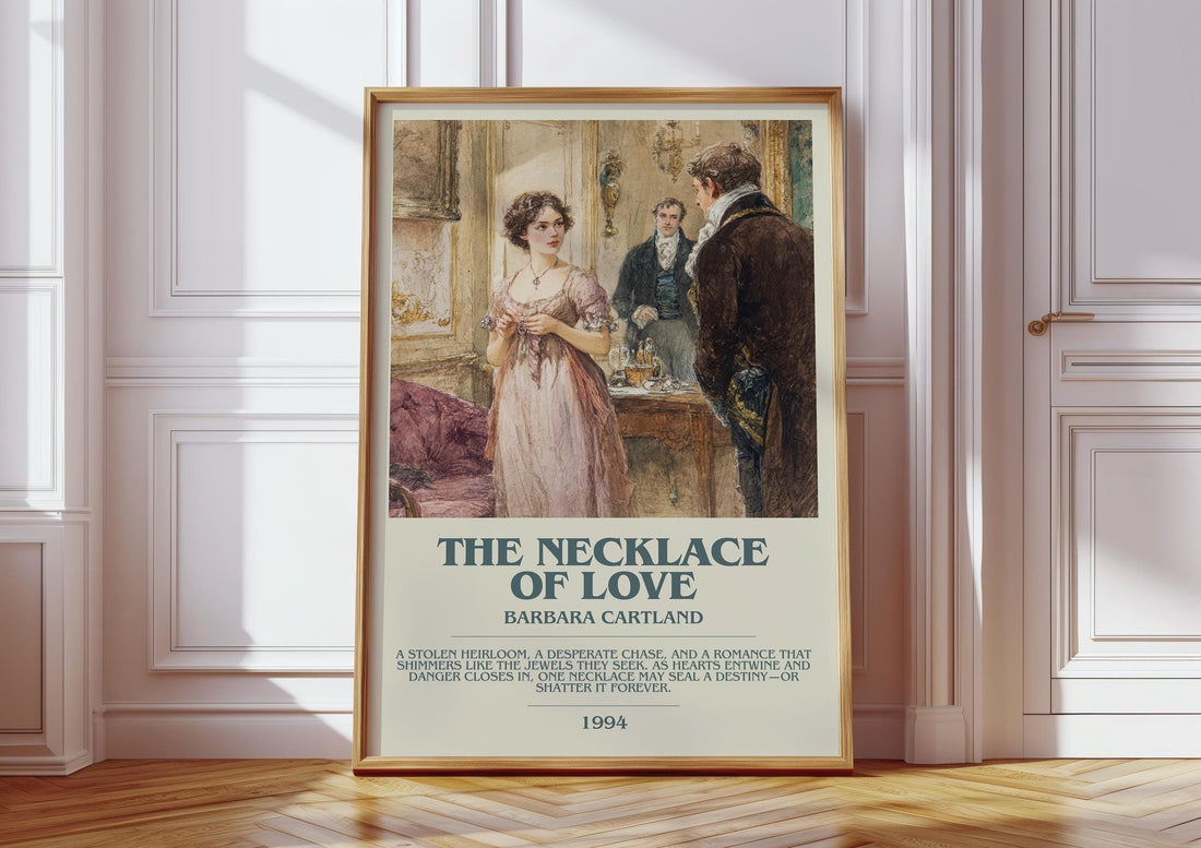 The Necklace of Love bookish print in frame leaning in hallway – romance wall art (mockup)