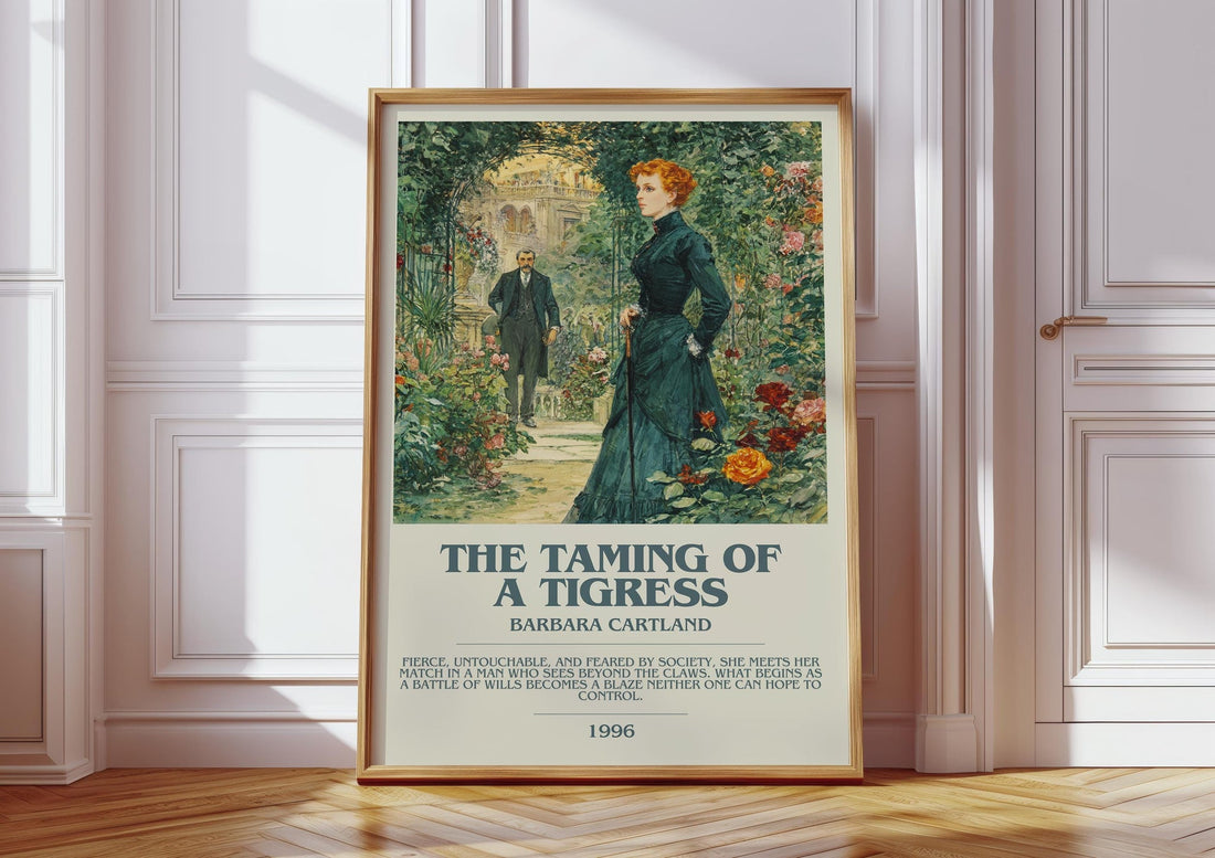 The Taming of a Tigress bookish print in frame leaning in hallway – romance wall art (mockup)