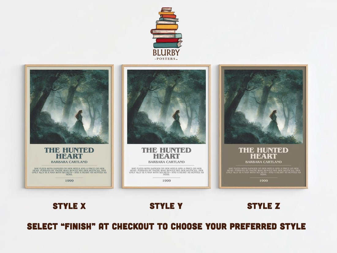 The Hunted Heart bookish poster colour and style options – BARBARA. CARTLAND book art (mockup)