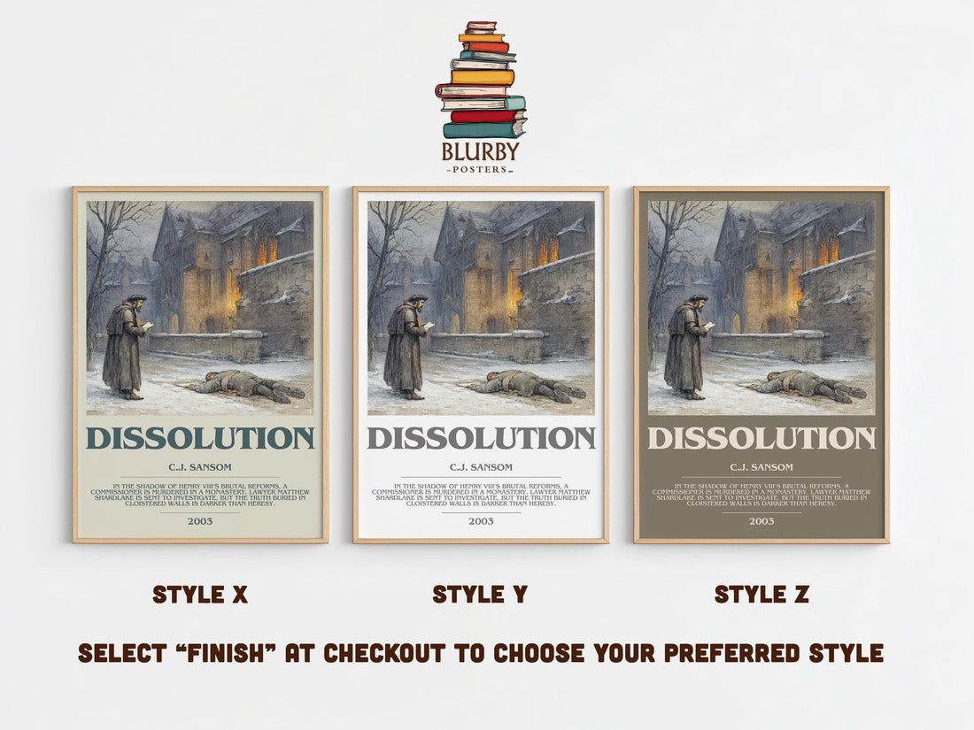 Dissolution bookish poster colour and style options – C.J. Sansom book art (mockup)