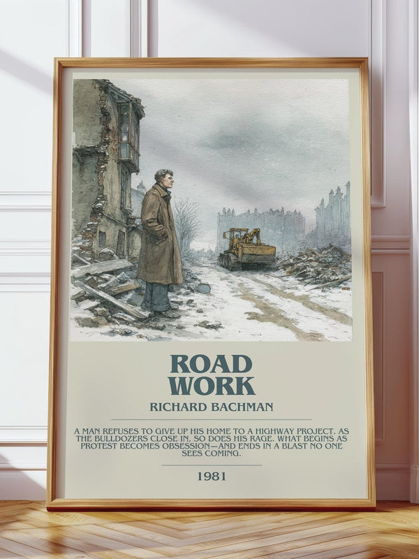 Roadwork bookish print in frame leaning in hallway – thriller wall art