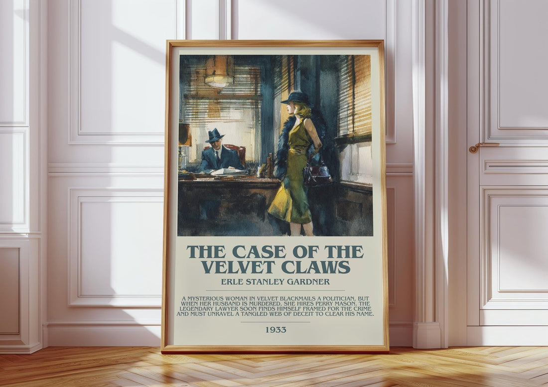 The Case of the Velvet Claws bookish print in frame leaning in hallway – mystery wall art (mockup)