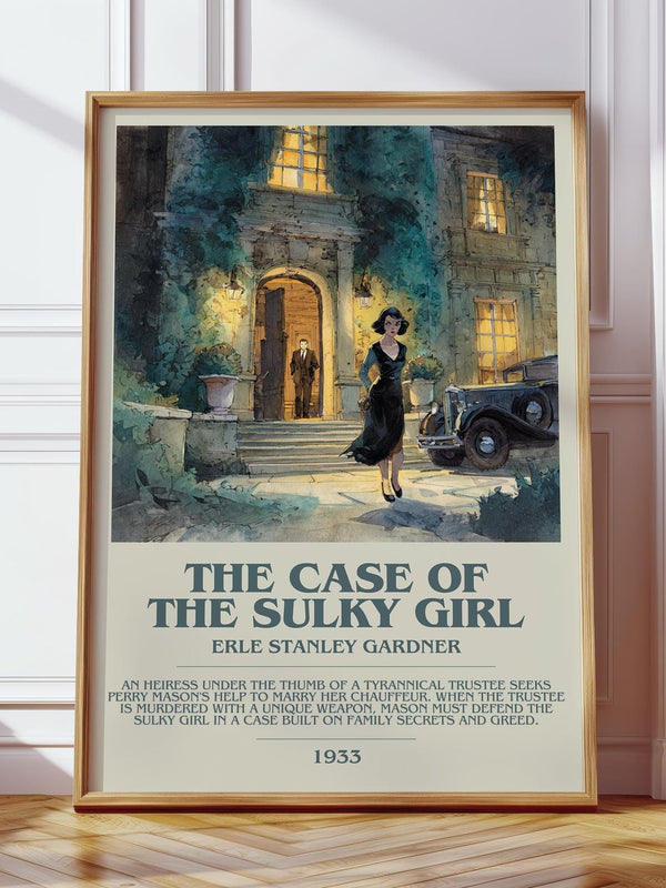 The Case Of The Sulky Girl bookish print in frame leaning in hallway – mystery wall art
