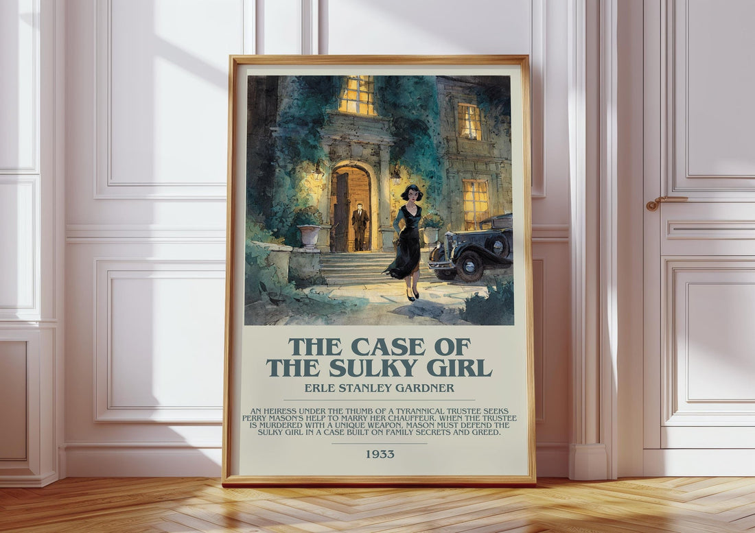 The Case Of The Sulky Girl bookish print in frame leaning in hallway – mystery wall art (mockup)