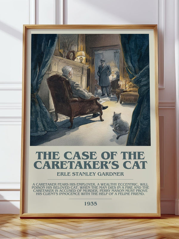The Case of the Caretaker's Cat bookish print in frame leaning in hallway – mystery wall art