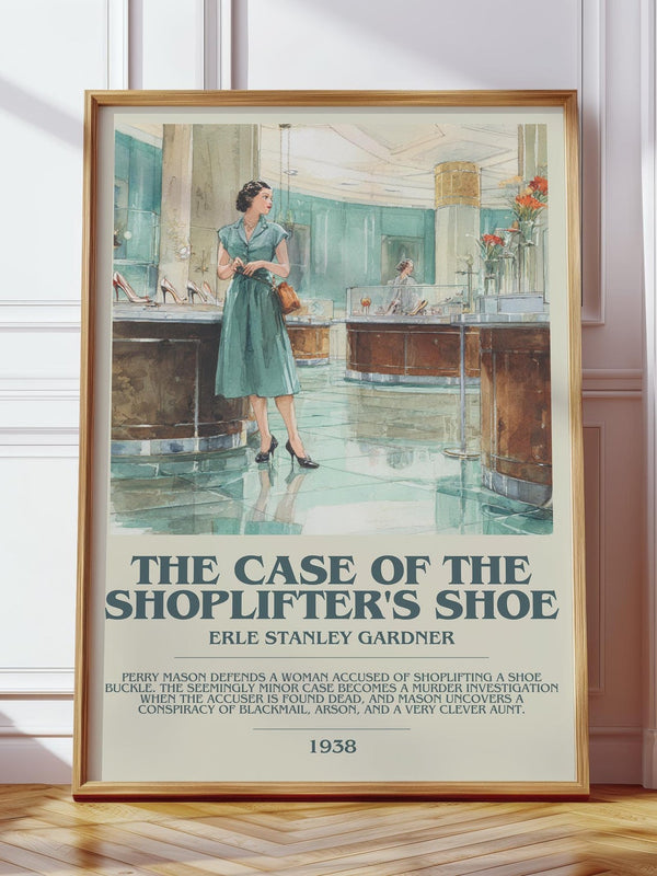 The Case of the Shoplifter's Shoe bookish print in frame leaning in hallway – mystery wall art