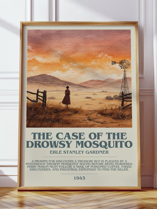The Case of the Drowsy Mosquito bookish print in frame leaning in hallway – mystery wall art
