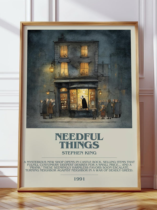 Needful Things bookish print in frame leaning in hallway – horror wall art
