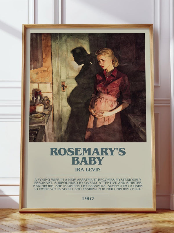 Rosemary's Baby bookish print in frame leaning in hallway – crime wall art
