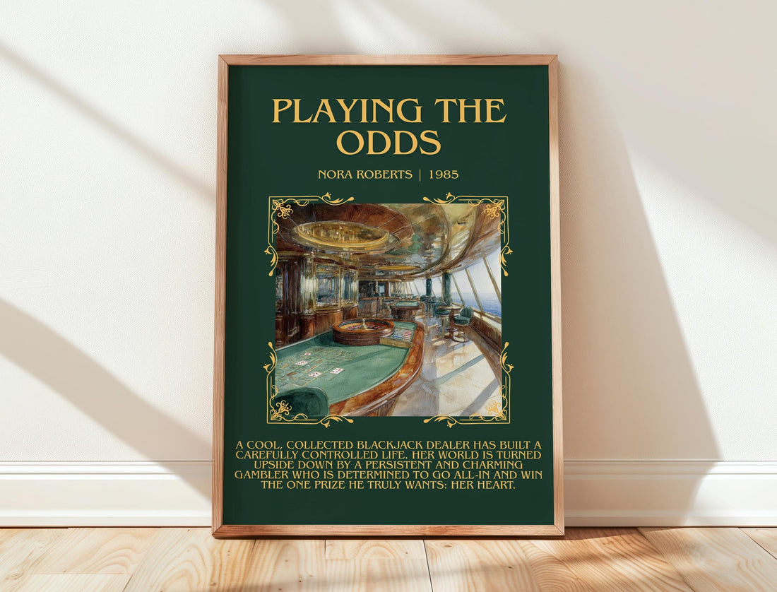 Playing the Odds minimalist print in frame leaning in hallway – romance wall art (mockup)