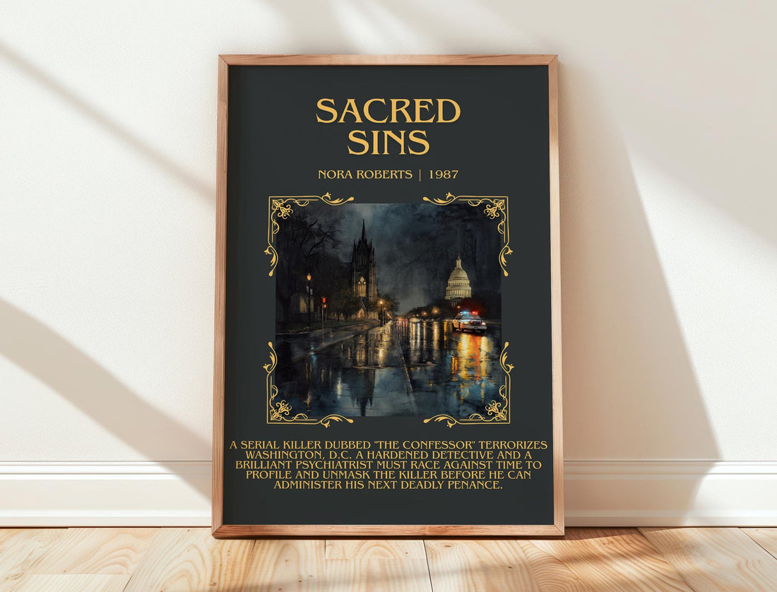 Sacred Sins minimalist print in frame leaning in hallway – thriller wall art (mockup)