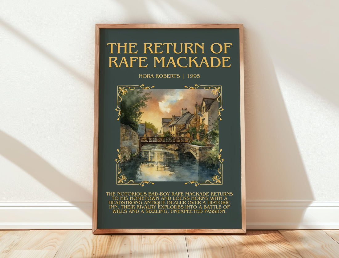 The Return of Rafe MacKade minimalist print in frame leaning in hallway – romance wall art (mockup)