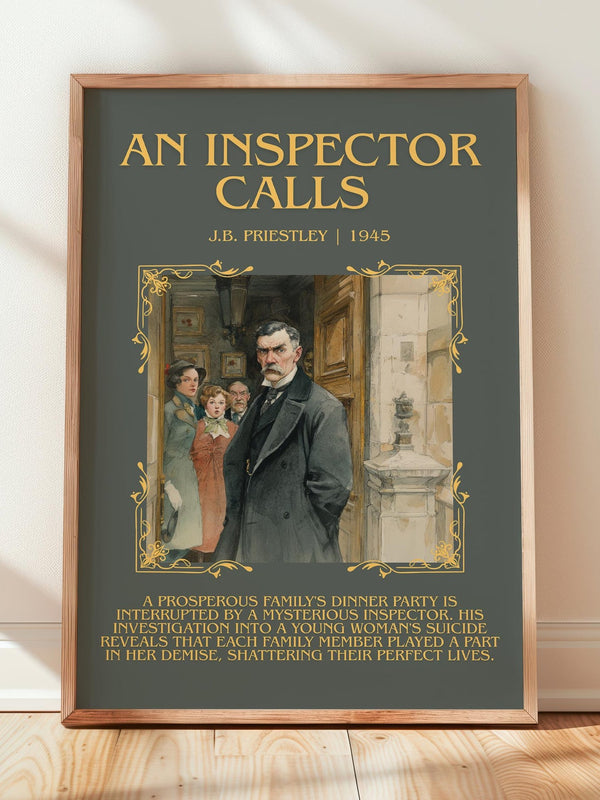 An Inspector Calls minimalist print in frame leaning in hallway – classic literature wall art