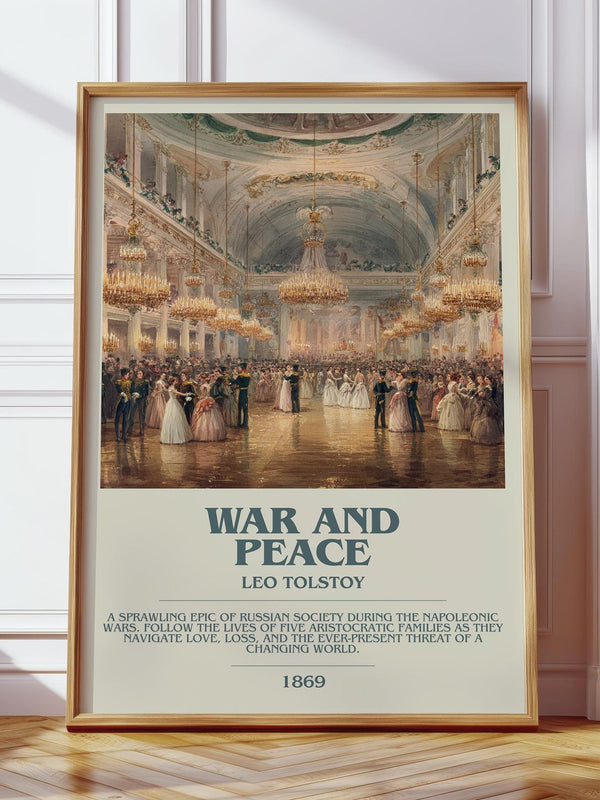 War and Peace bookish print in frame leaning in hallway – historical fiction wall art