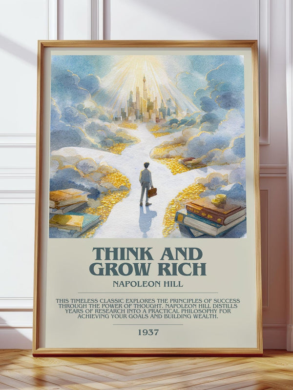 Think and Grow Rich bookish print in frame leaning in hallway – non fiction wall art