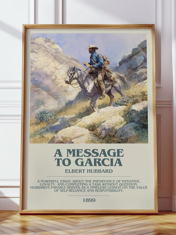 A Message to Garcia bookish print in frame leaning in hallway – non fiction wall art