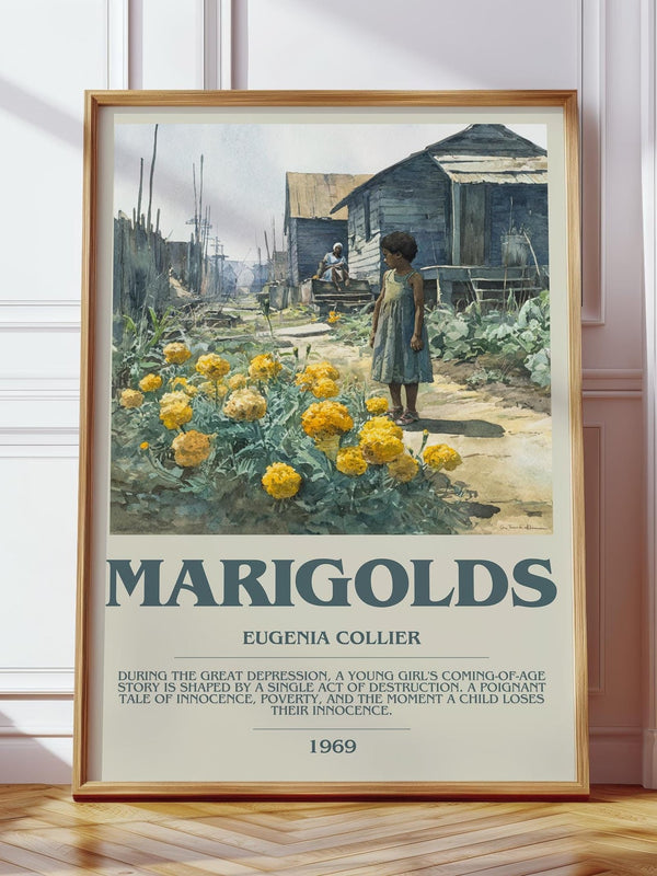 Marigolds bookish print in frame leaning in hallway – literary fiction wall art