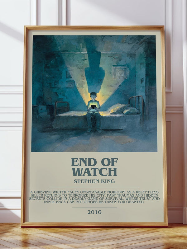 End of Watch bookish print in frame leaning in hallway – horror wall art