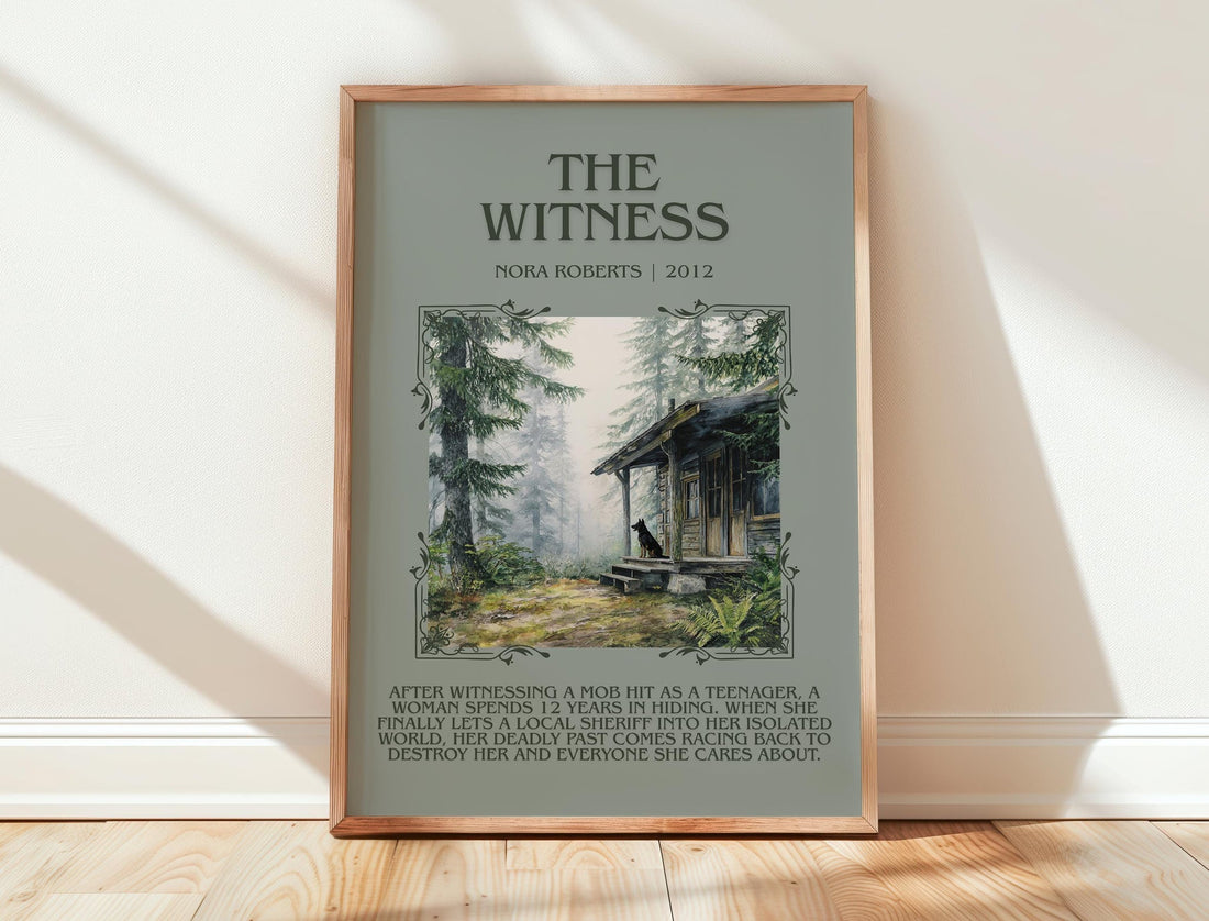 The Witness minimalist print in frame leaning in hallway – romance wall art (mockup)