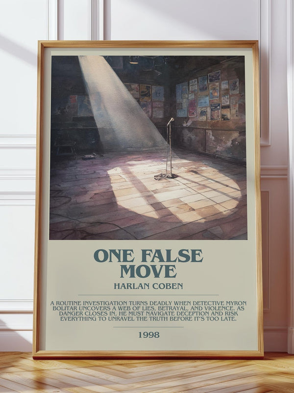 One False Move bookish print in frame leaning in hallway – thriller wall art