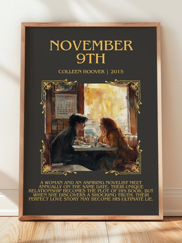 November 9 minimalist print in frame leaning in hallway – romance wall art