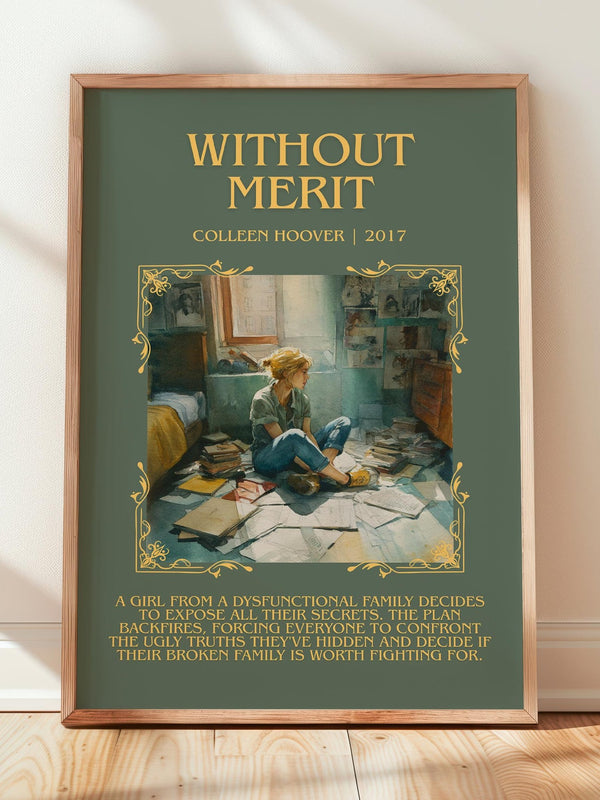 Without Merit minimalist print in frame leaning in hallway – contemporary fiction wall art