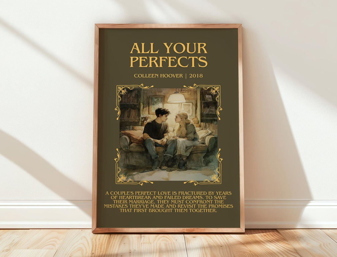 All Your Perfects minimalist print in frame leaning in hallway – romance wall art (mockup)