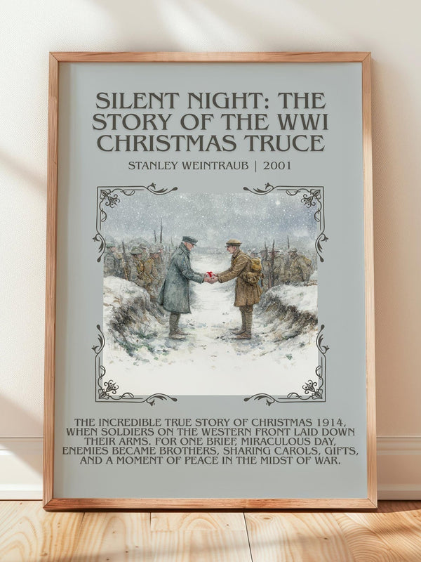 Silent Night: The Story of the World War I Christmas Truce minimalist print in frame leaning in hallway – non fiction wall