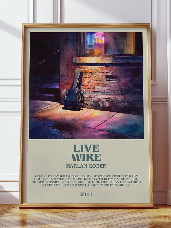 Live Wire bookish print in frame leaning in hallway – thriller wall art