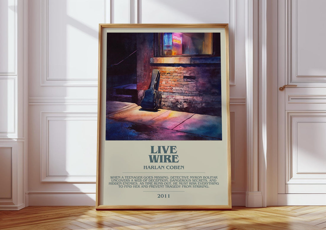 Live Wire bookish print in frame leaning in hallway – thriller wall art (mockup)
